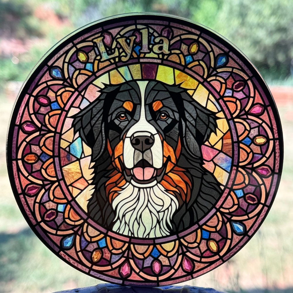 Real round Bernese Mountain Dog stained-glass acrylic medallion