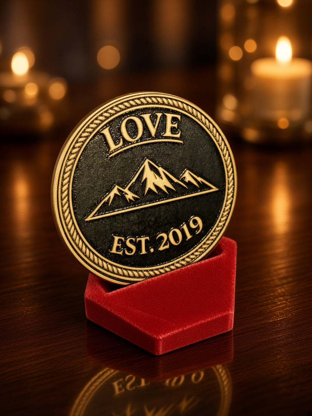 Candlelit challenge coin back with LOVE, mountain design, and EST. 2019