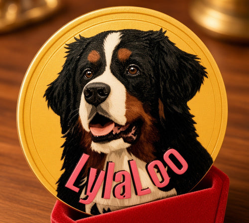 Featured custom pet challenge coin with Bernese Mountain Dog artwork and LylaLoo name