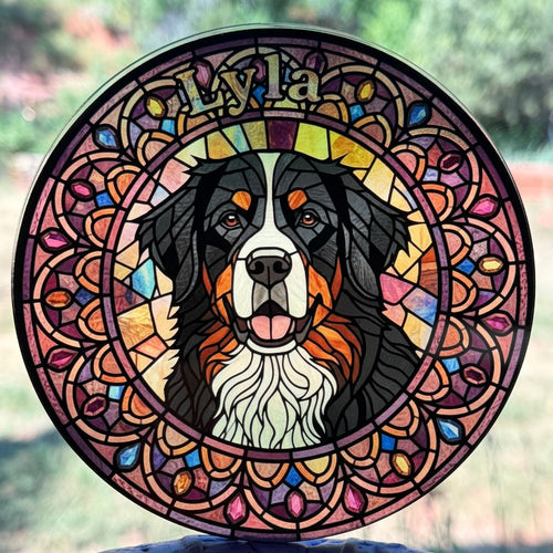 Close crop of a round Bernese Mountain Dog stained-glass acrylic medallion
