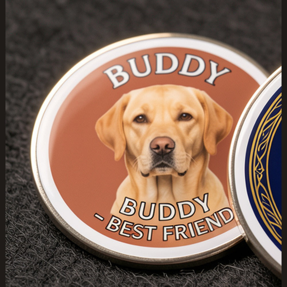 Classic pet challenge coin example with Buddy name design