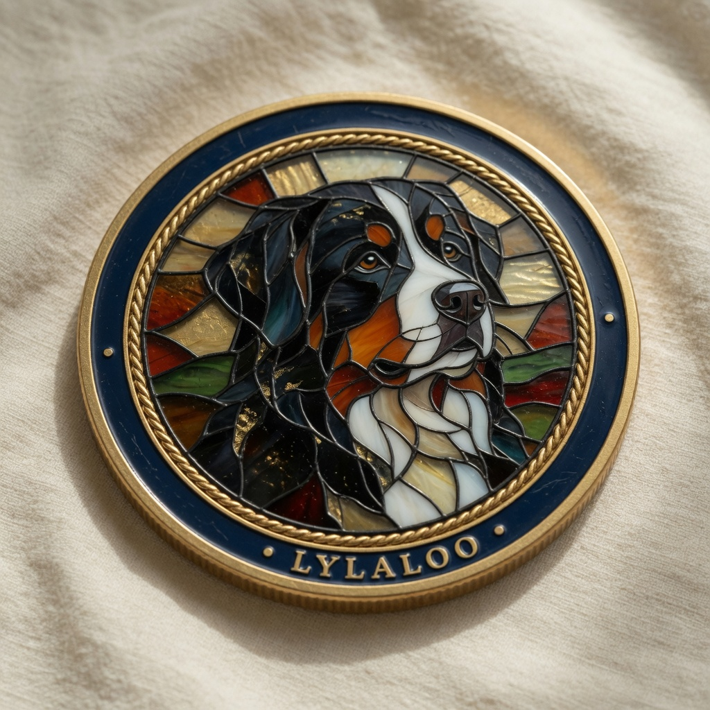 Concept rendering of a stained-glass-style Bernese Mountain Dog challenge coin