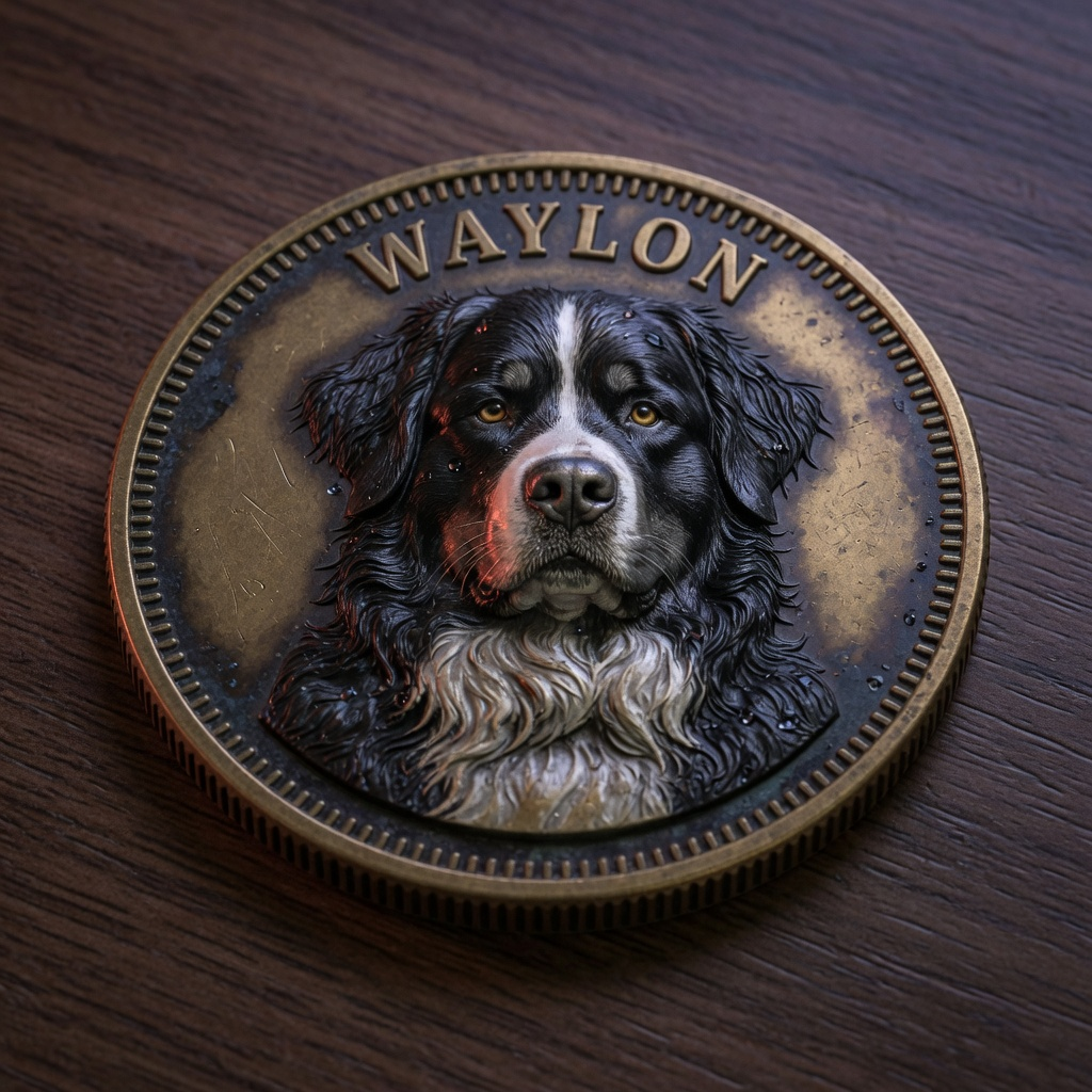 Concept rendering of an antique brass Waylon Bernese Mountain Dog challenge coin