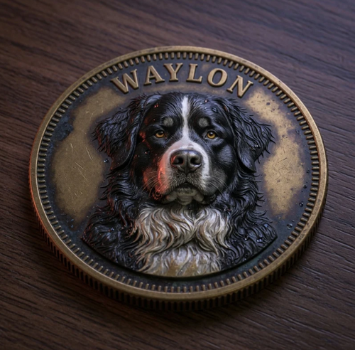 Custom pet challenge coin, antique brass, Waylon the Bernese