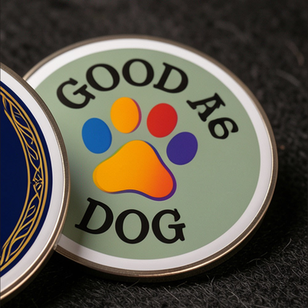 Good Dog award style pet challenge coin example with colorful paw art