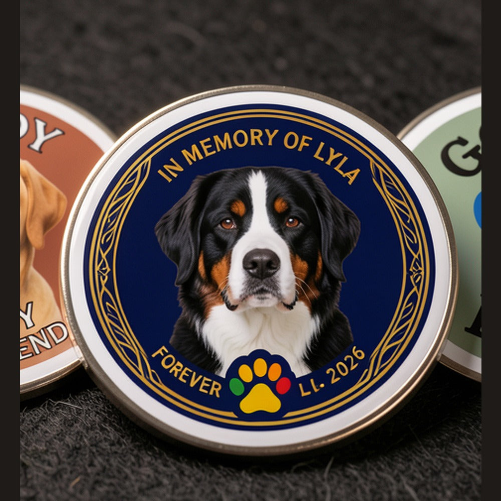 Memorial pet challenge coin example with Bernese Mountain Dog breed art and dates