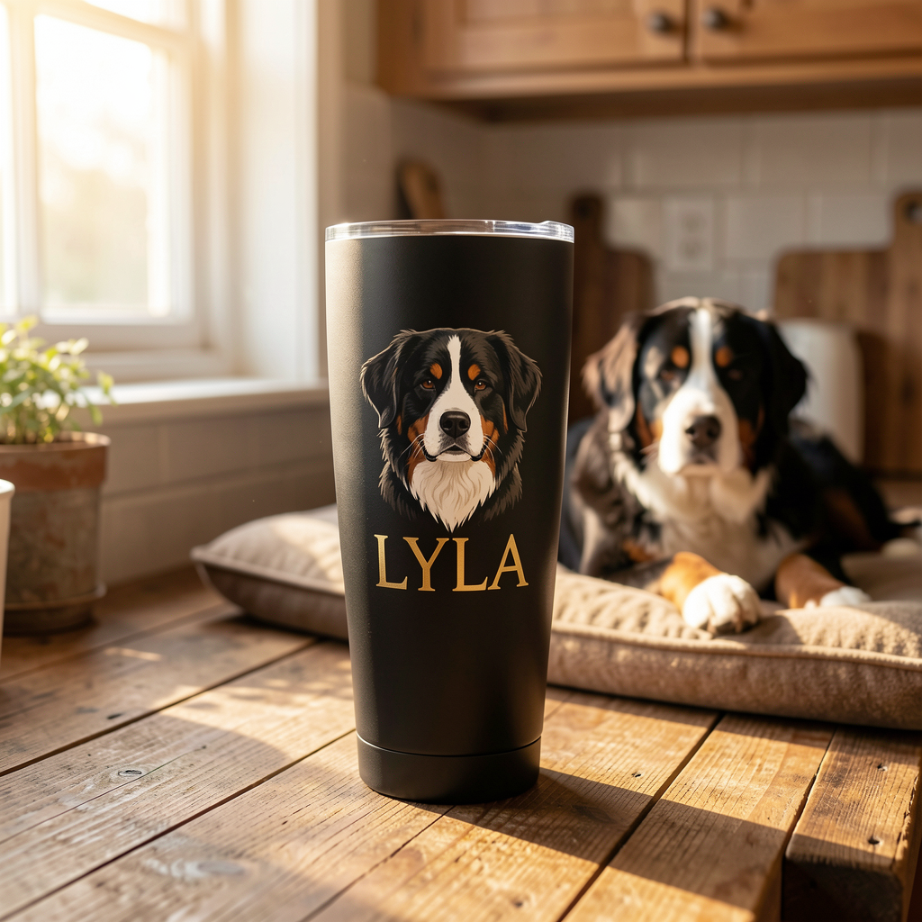 Custom pet name tumbler example with personalized dog name design