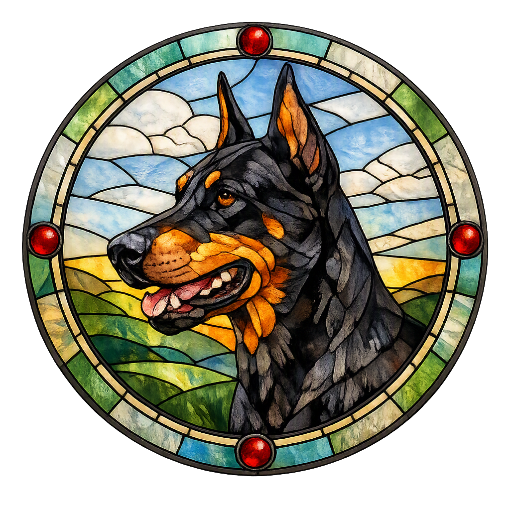 Doberman design example in a round stained-glass medallion