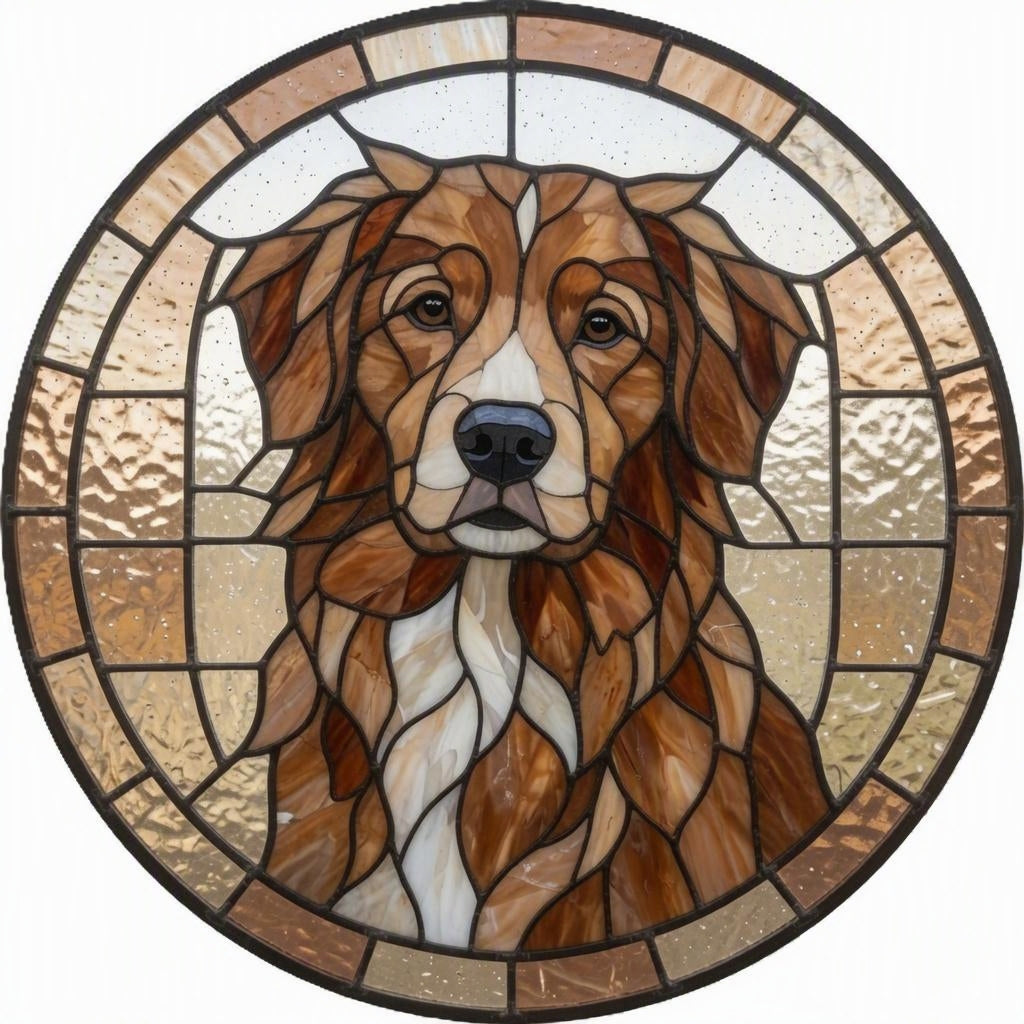 Nova Scotia Duck Tolling Retriever design example in a round stained-glass medallion